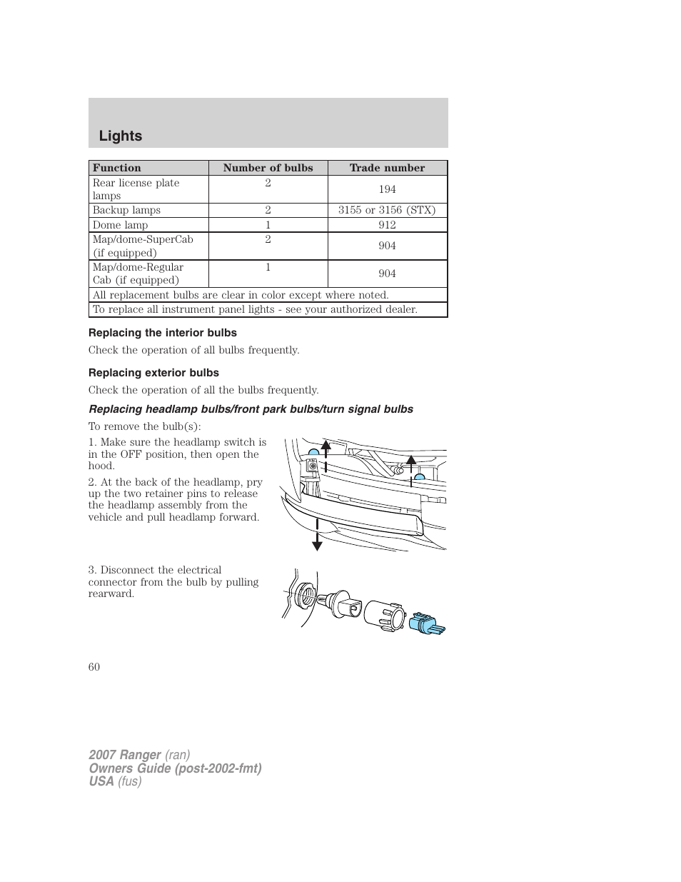 Replacing the interior bulbs, Replacing exterior bulbs, Lights | FORD 2007 Ranger v.2 User Manual | Page 60 / 280