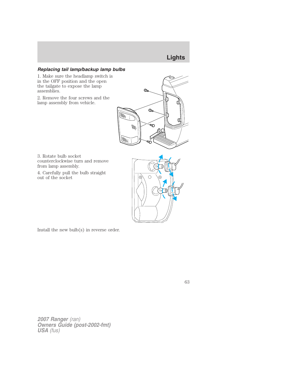 Replacing tail lamp/backup lamp bulbs, Lights | FORD 2007 Ranger v.2 User Manual | Page 63 / 280