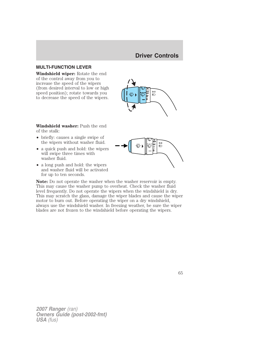 Driver controls, Multi-function lever, Steering wheel adjustment | FORD 2007 Ranger v.2 User Manual | Page 65 / 280