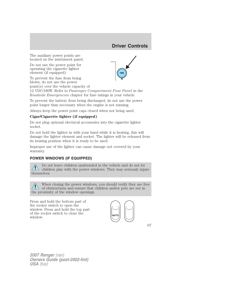 Power windows (if equipped), Mirrors, Driver controls | FORD 2007 Ranger v.2 User Manual | Page 67 / 280