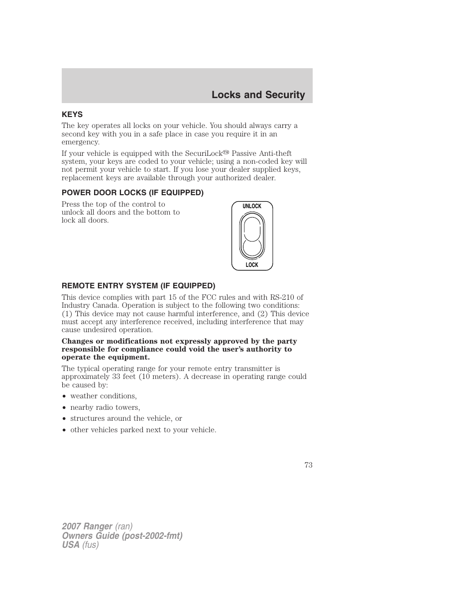 Locks and security, Keys, Power door locks (if equipped) | Remote entry system (if equipped), Locks, Anti-theft system | FORD 2007 Ranger v.2 User Manual | Page 73 / 280