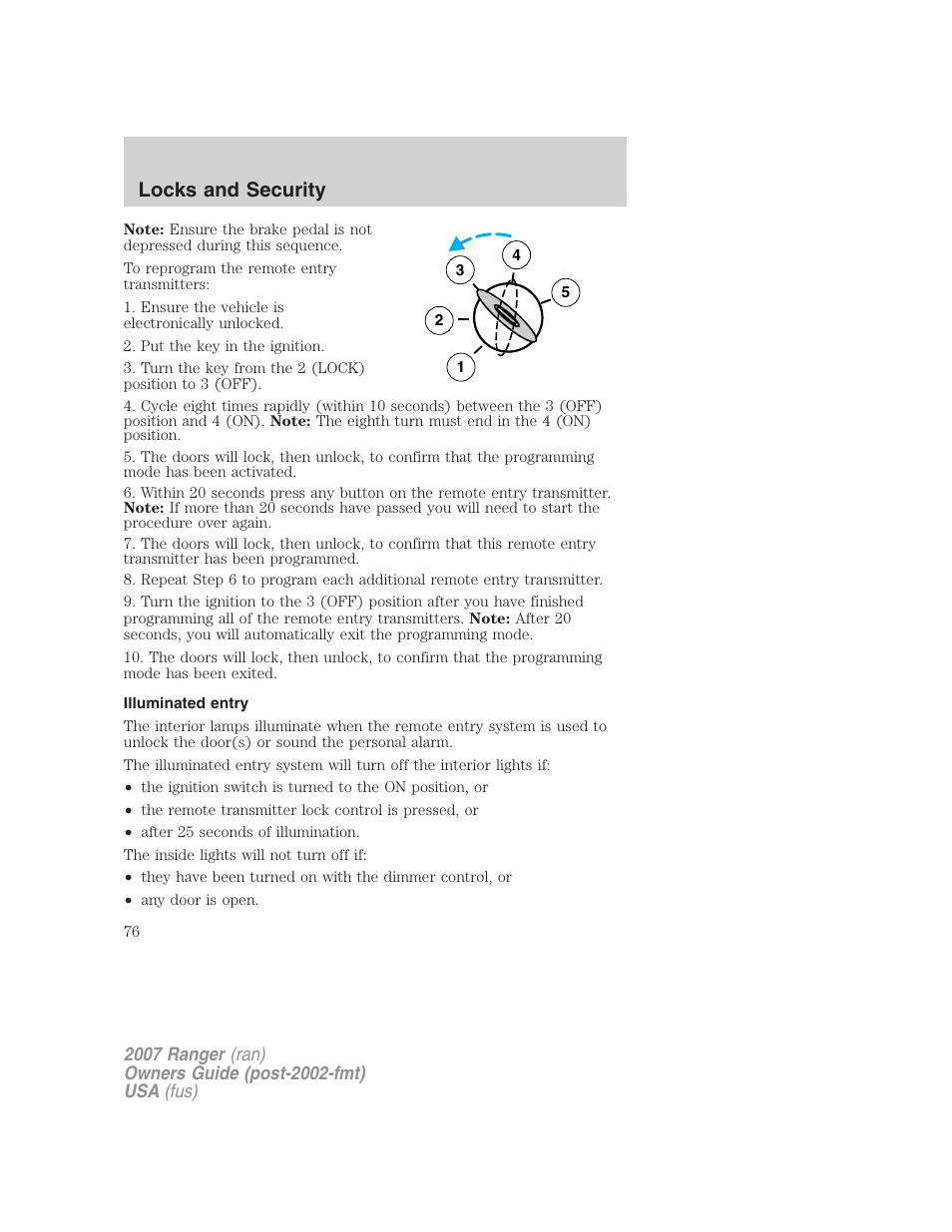 Illuminated entry, Locks and security | FORD 2007 Ranger v.2 User Manual | Page 76 / 280