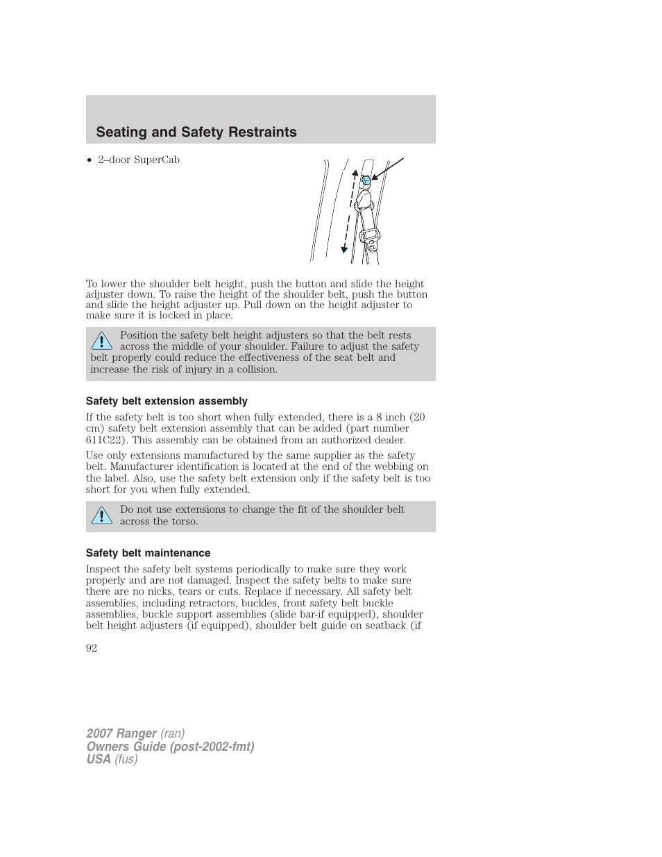 Safety belt extension assembly, Safety belt maintenance, Seating and safety restraints | FORD 2007 Ranger v.2 User Manual | Page 92 / 280