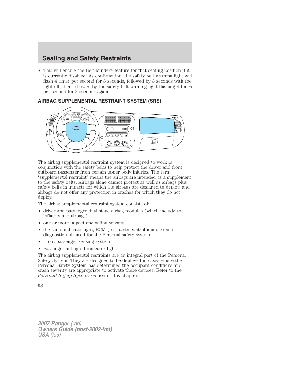 Airbag supplemental restraint system (srs), Airbags, Seating and safety restraints | FORD 2007 Ranger v.2 User Manual | Page 98 / 280