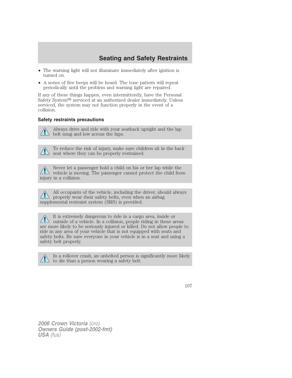 Safety restraints precautions, Seating and safety restraints | FORD 2006 Crown Victoria v.2 User Manual | Page 107 / 272