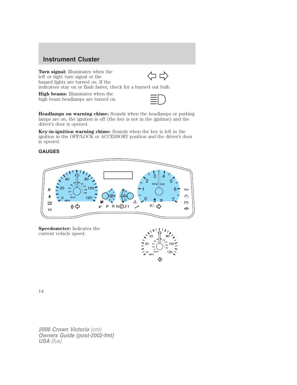 Gauges, Instrument cluster | FORD 2006 Crown Victoria v.2 User Manual | Page 14 / 272