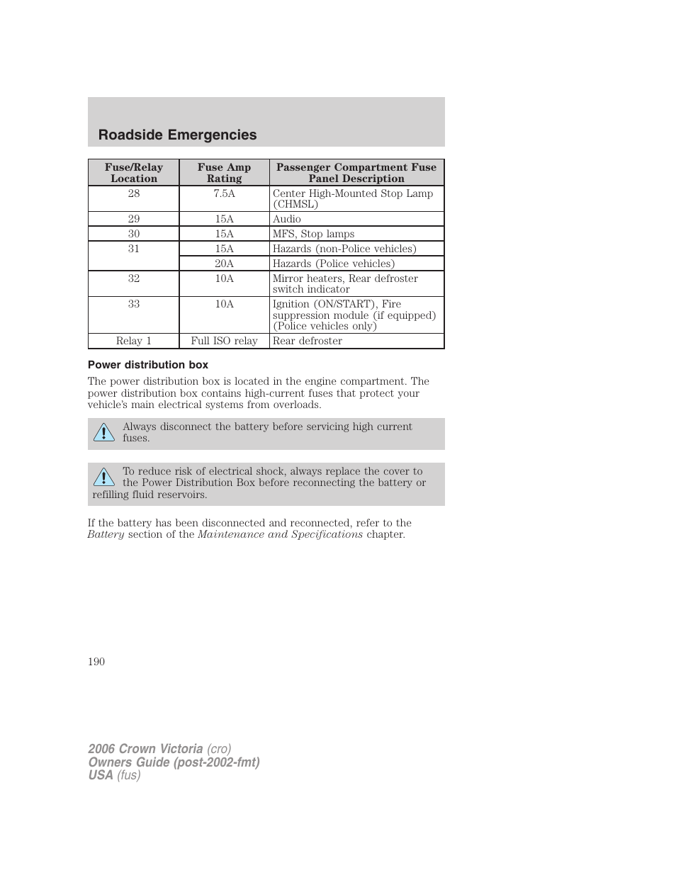 Power distribution box, Roadside emergencies | FORD 2006 Crown Victoria v.2 User Manual | Page 190 / 272