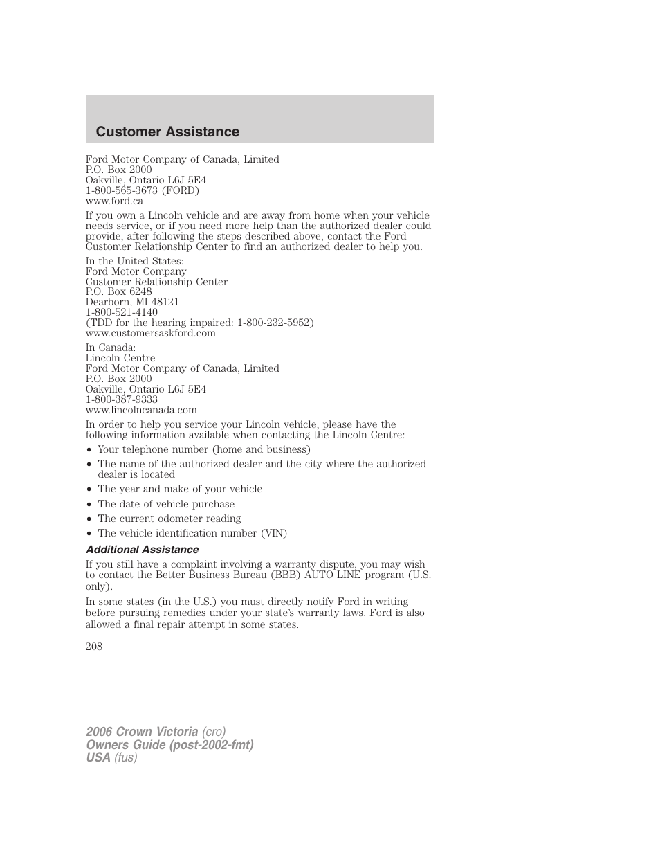 Additional assistance, Customer assistance | FORD 2006 Crown Victoria v.2 User Manual | Page 208 / 272