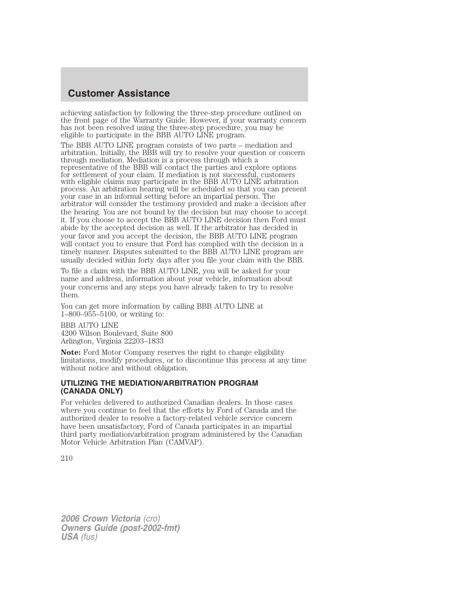 Customer assistance | FORD 2006 Crown Victoria v.2 User Manual | Page 210 / 272