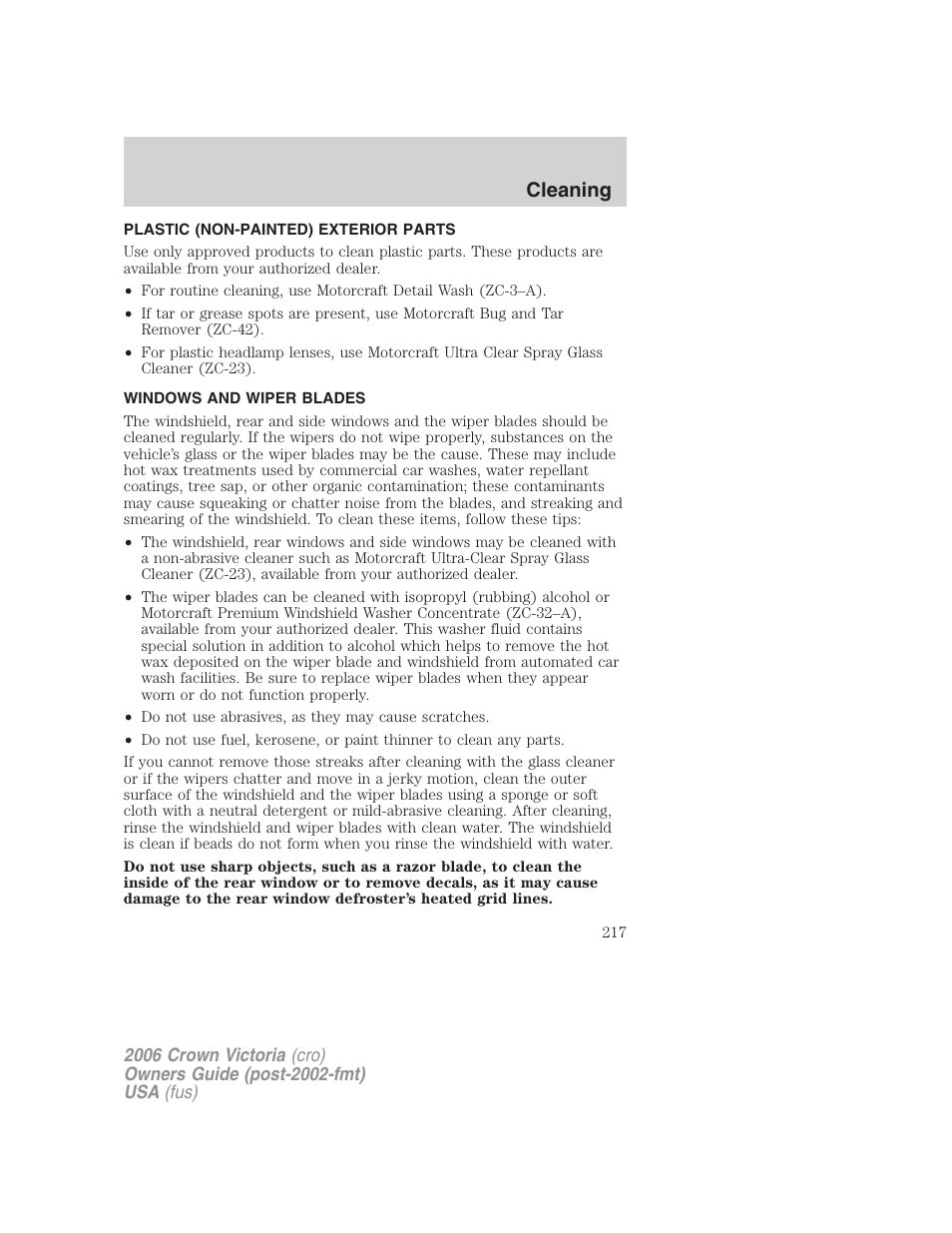 Plastic (non-painted) exterior parts, Windows and wiper blades, Cleaning | FORD 2006 Crown Victoria v.2 User Manual | Page 217 / 272