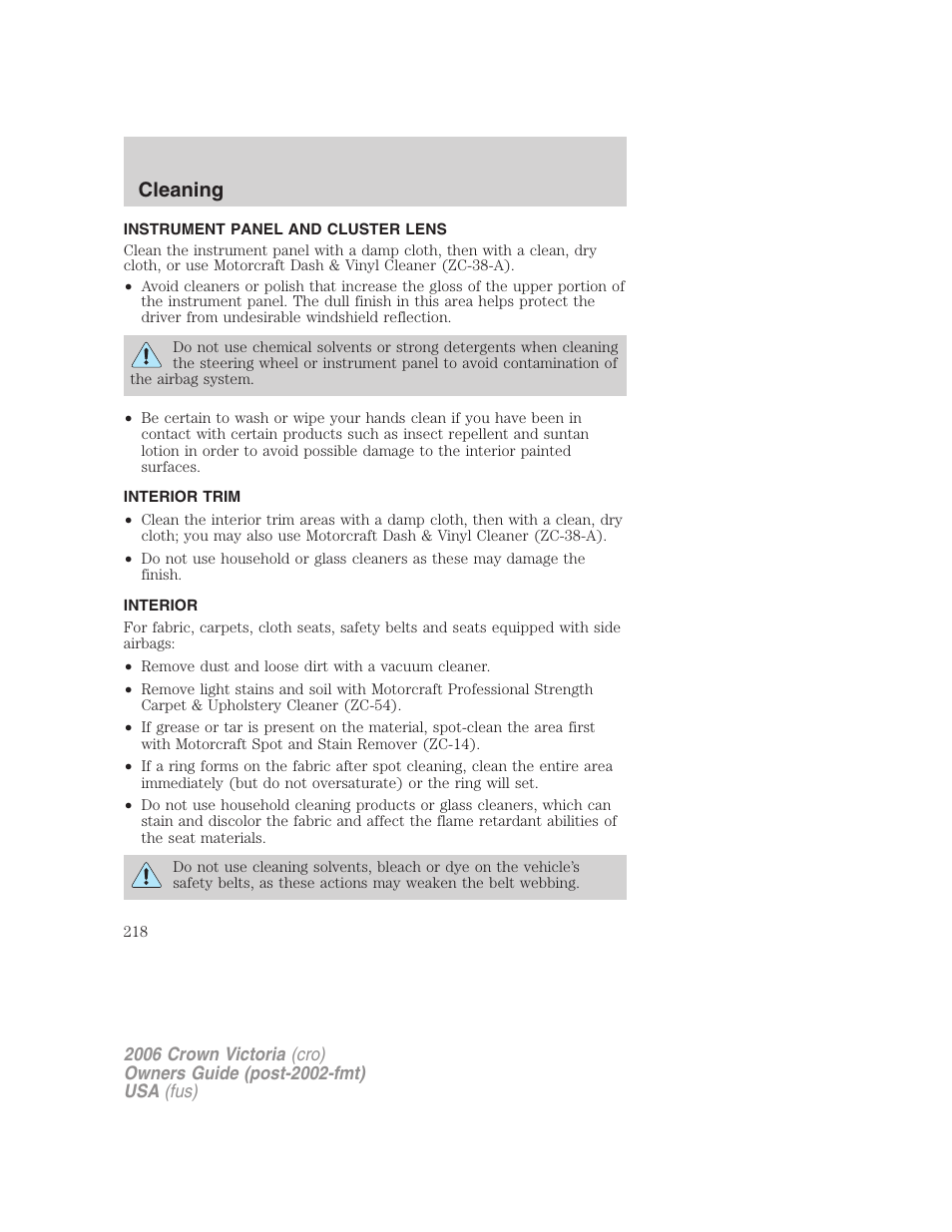 Instrument panel and cluster lens, Interior trim, Interior | Cleaning | FORD 2006 Crown Victoria v.2 User Manual | Page 218 / 272