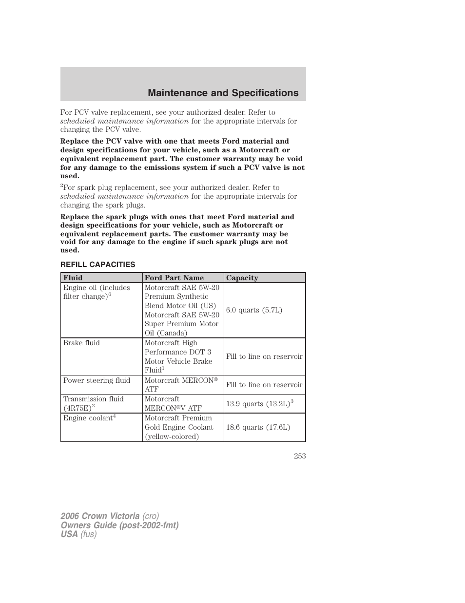 Refill capacities, Maintenance and specifications | FORD 2006 Crown Victoria v.2 User Manual | Page 253 / 272