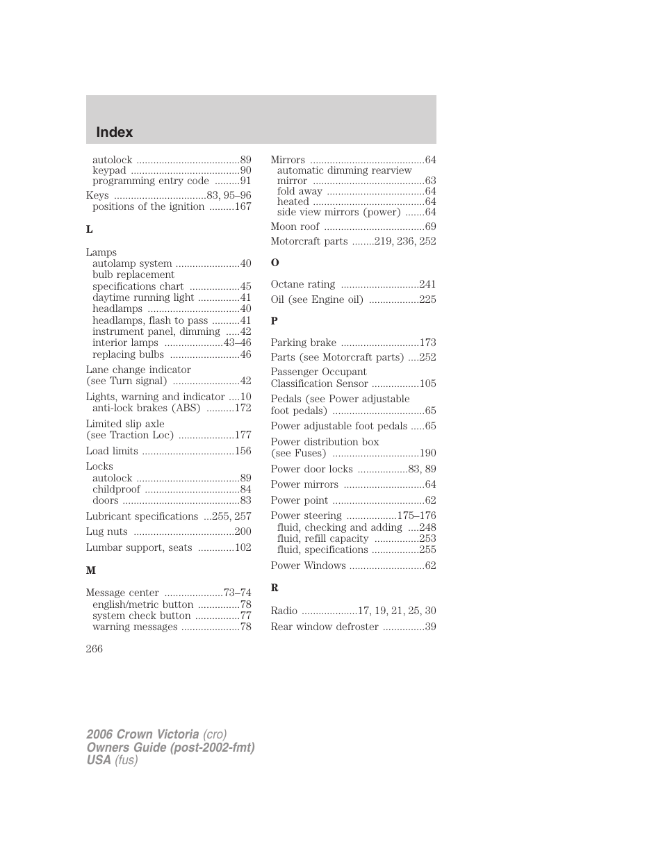 Index | FORD 2006 Crown Victoria v.2 User Manual | Page 266 / 272