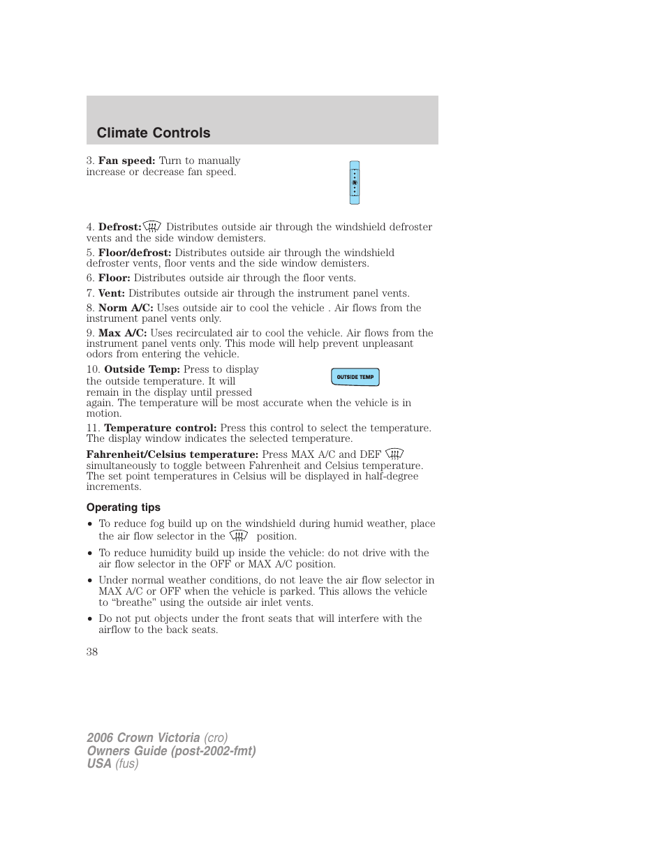 Operating tips, Climate controls | FORD 2006 Crown Victoria v.2 User Manual | Page 38 / 272