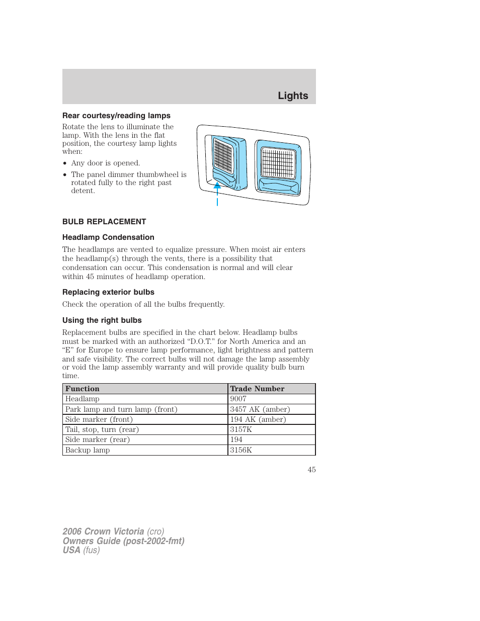 Rear courtesy/reading lamps, Bulb replacement, Headlamp condensation | Replacing exterior bulbs, Using the right bulbs, Lights | FORD 2006 Crown Victoria v.2 User Manual | Page 45 / 272