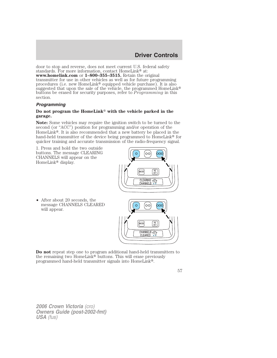 Programming, Driver controls | FORD 2006 Crown Victoria v.2 User Manual | Page 57 / 272