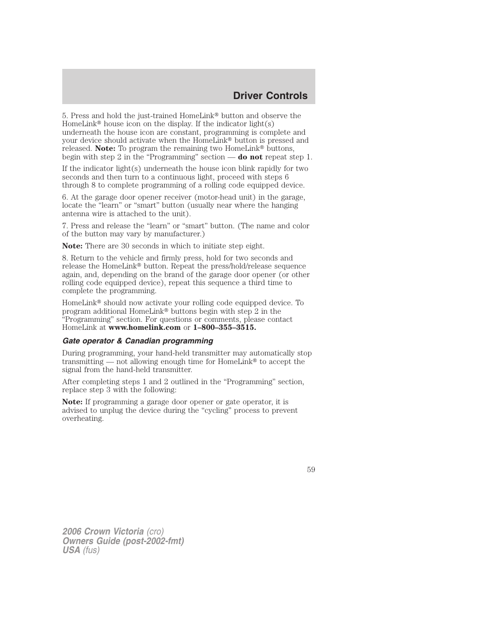 Gate operator & canadian programming, Driver controls | FORD 2006 Crown Victoria v.2 User Manual | Page 59 / 272