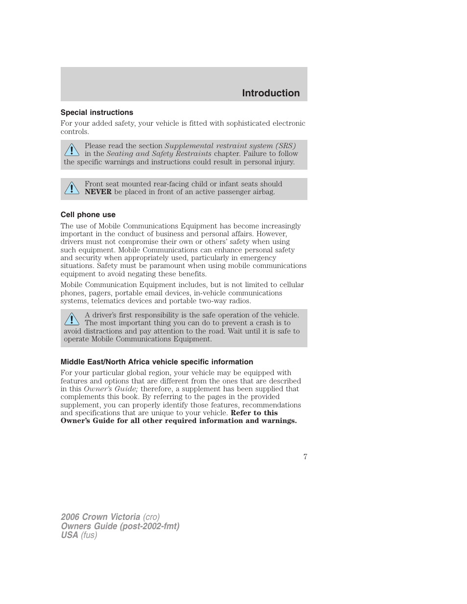 Special instructions, Cell phone use, Introduction | FORD 2006 Crown Victoria v.2 User Manual | Page 7 / 272