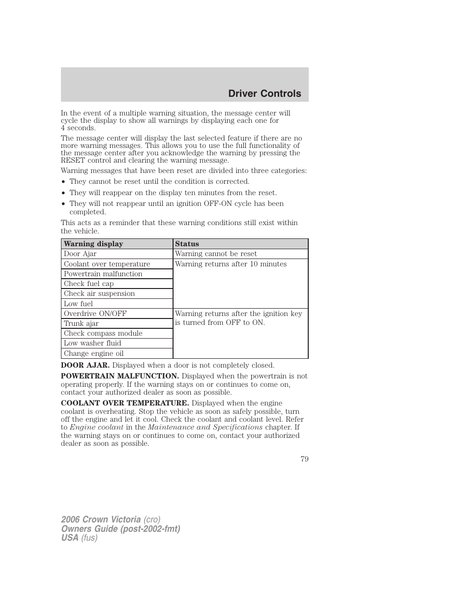 Driver controls | FORD 2006 Crown Victoria v.2 User Manual | Page 79 / 272