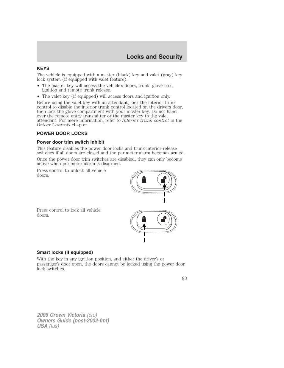 Locks and security, Keys, Power door locks | Power door trim switch inhibit, Smart locks (if equipped), Locks | FORD 2006 Crown Victoria v.2 User Manual | Page 83 / 272