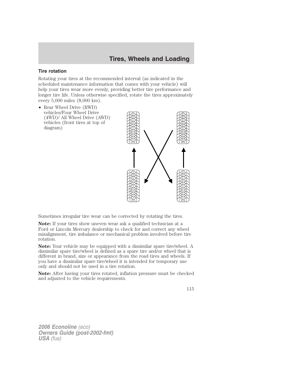 Tire rotation, Tires, wheels and loading | FORD 2006 E-450 v.1 User Manual | Page 115 / 248