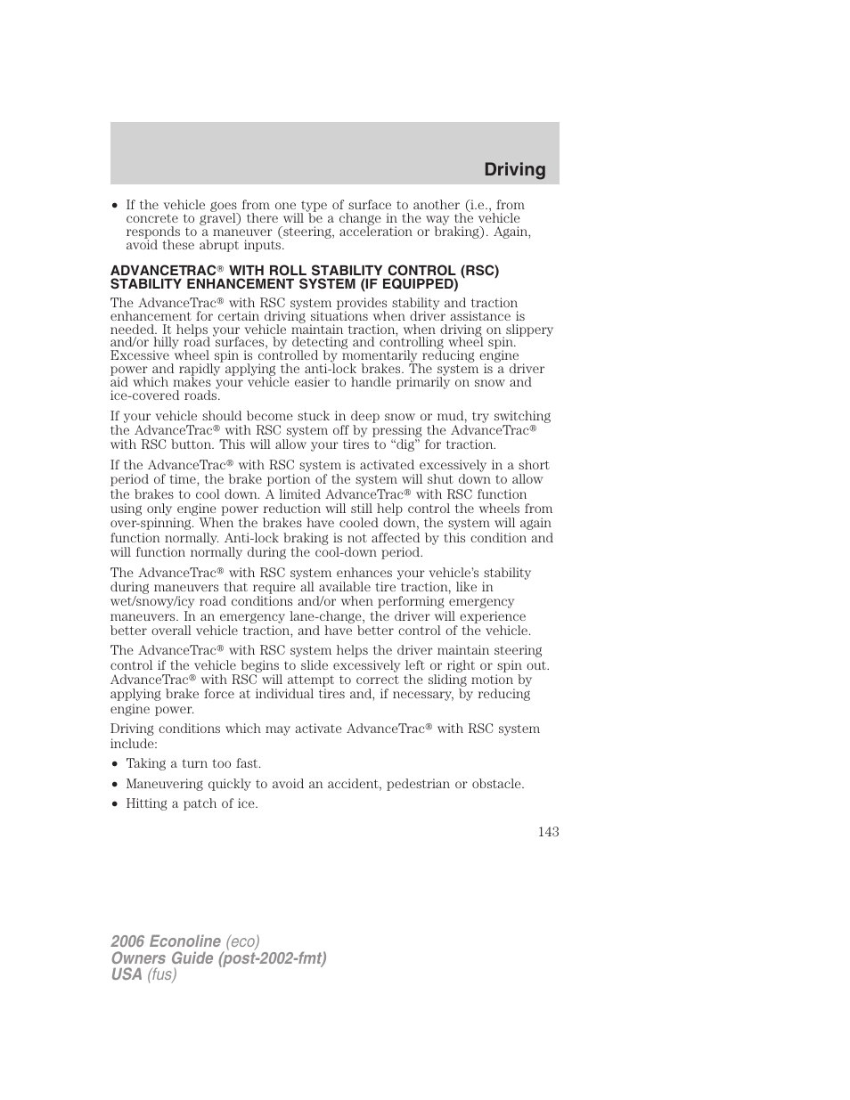 Traction control/advancetrac, Driving | FORD 2006 E-450 v.1 User Manual | Page 143 / 248