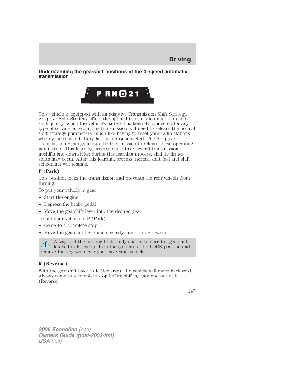 Driving | FORD 2006 E-450 v.1 User Manual | Page 147 / 248