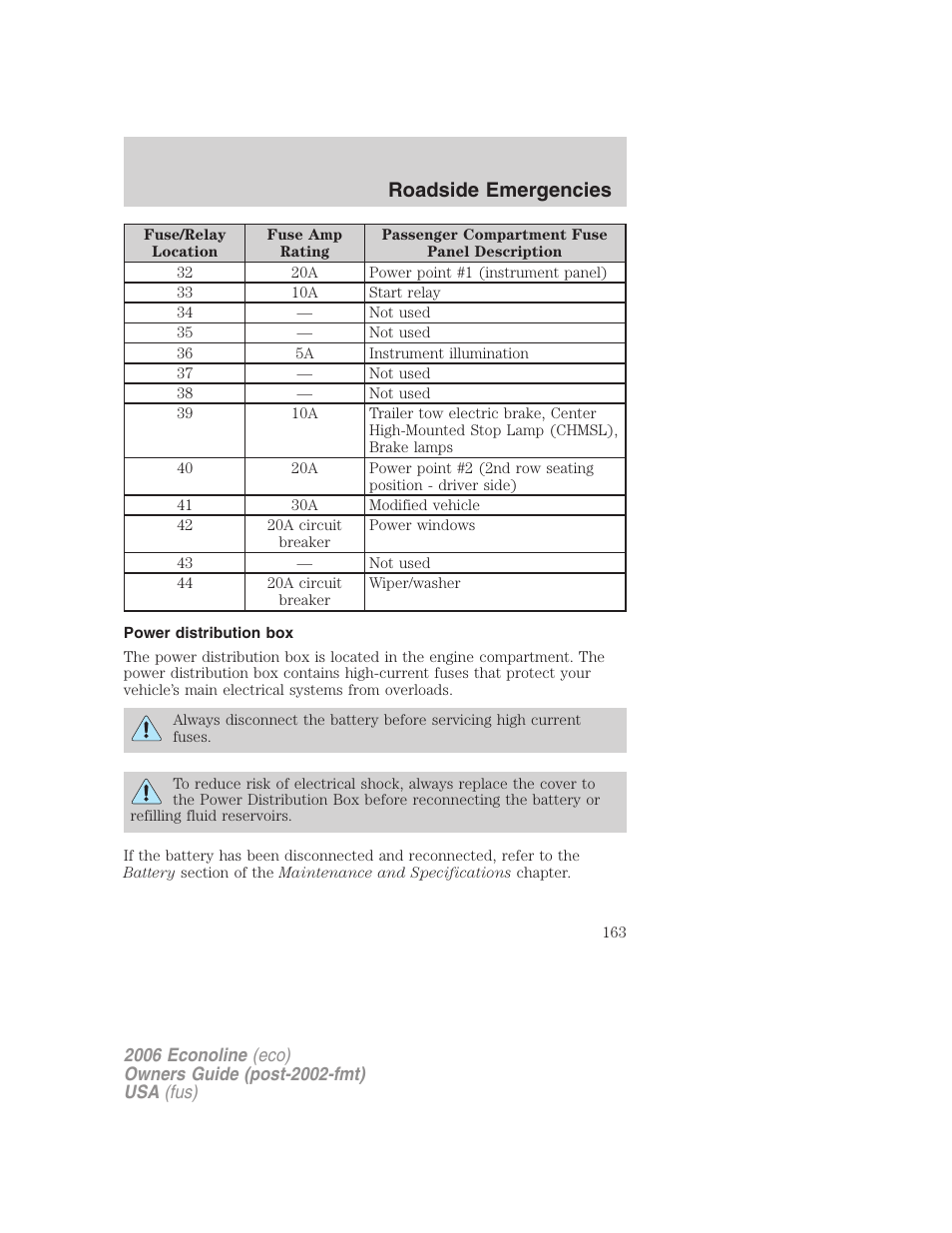Power distribution box, Roadside emergencies | FORD 2006 E-450 v.1 User Manual | Page 163 / 248