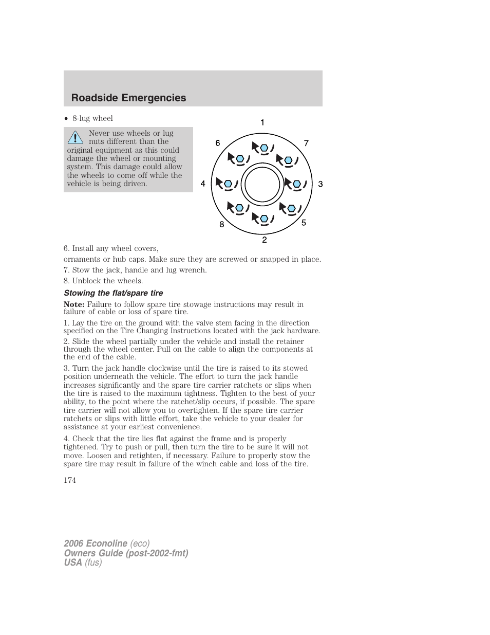 Stowing the flat/spare tire, Roadside emergencies | FORD 2006 E-450 v.1 User Manual | Page 174 / 248