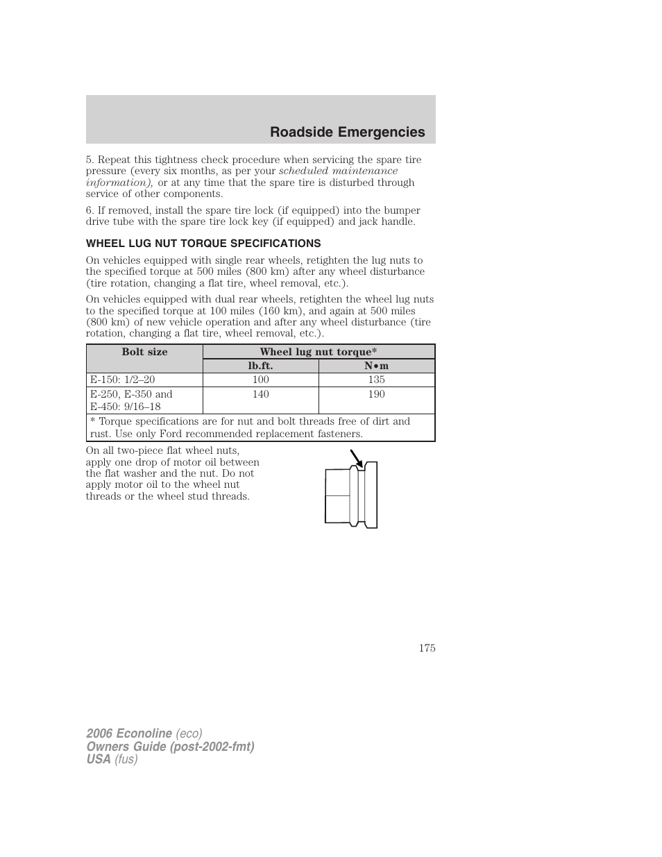 Wheel lug nut torque specifications, Lug nut torque, Roadside emergencies | FORD 2006 E-450 v.1 User Manual | Page 175 / 248