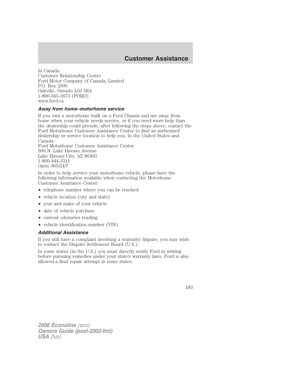 Away from home–motorhome service, Additional assistance, Customer assistance | FORD 2006 E-450 v.1 User Manual | Page 183 / 248