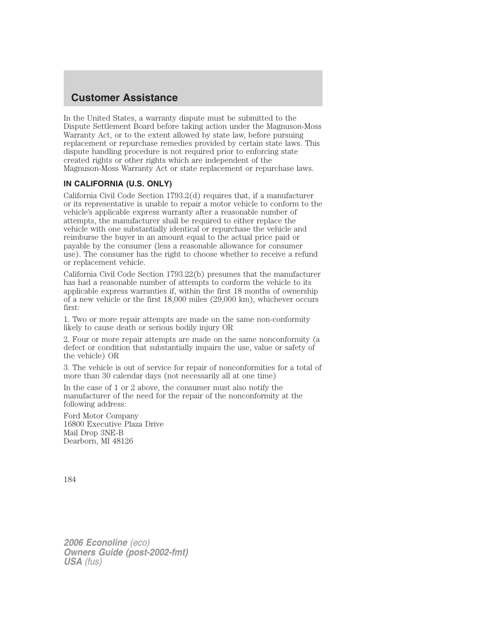 In california (u.s. only), Customer assistance | FORD 2006 E-450 v.1 User Manual | Page 184 / 248