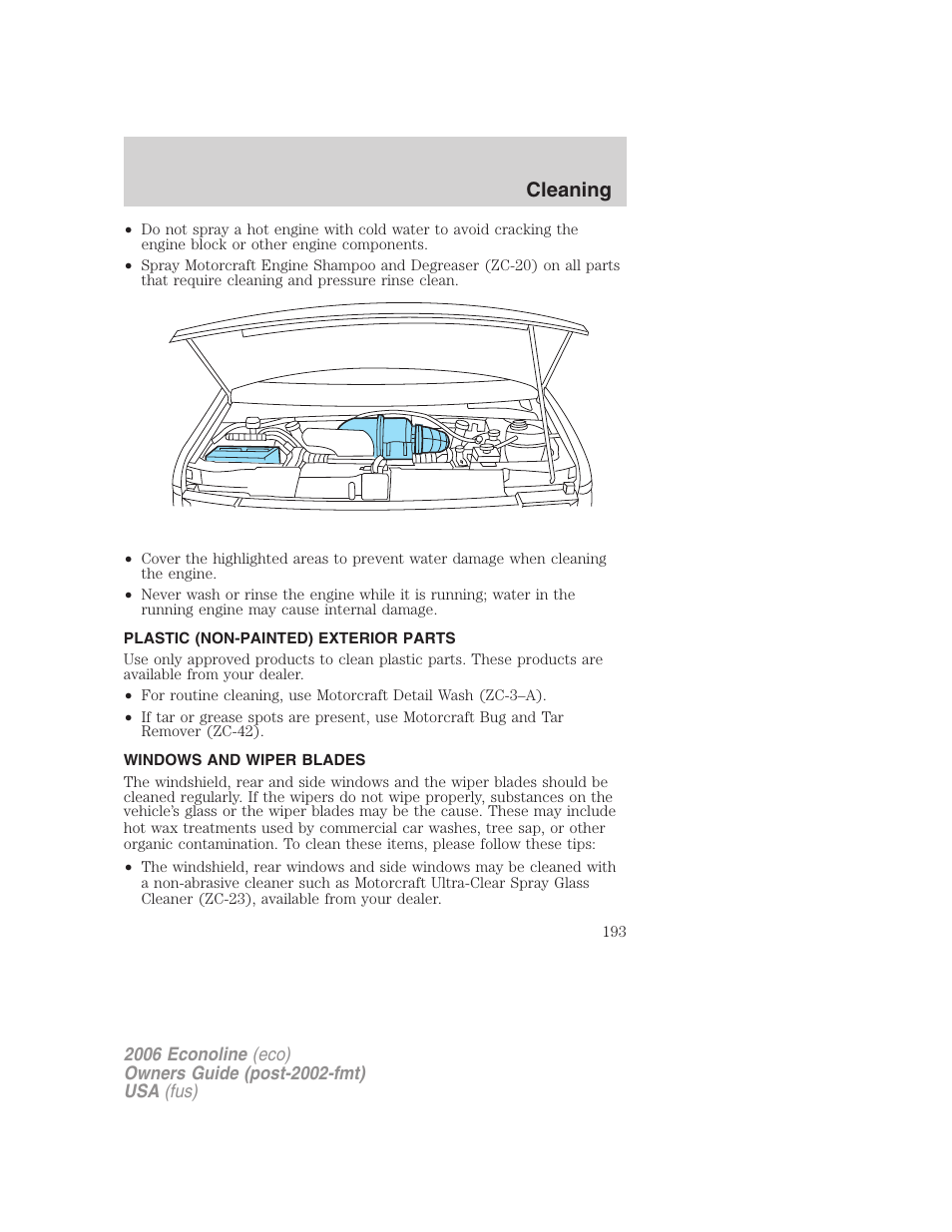 Plastic (non-painted) exterior parts, Windows and wiper blades, Cleaning | FORD 2006 E-450 v.1 User Manual | Page 193 / 248