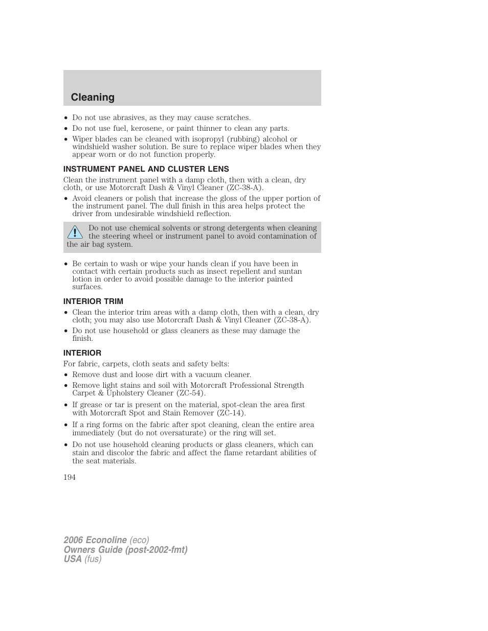 Instrument panel and cluster lens, Interior trim, Interior | Cleaning | FORD 2006 E-450 v.1 User Manual | Page 194 / 248