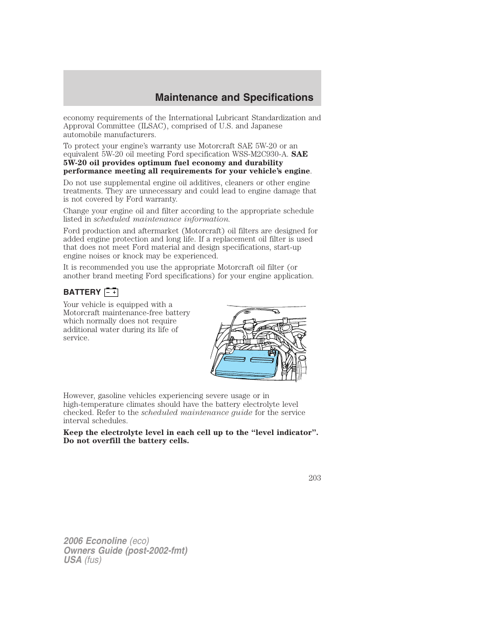 Battery, Maintenance and specifications | FORD 2006 E-450 v.1 User Manual | Page 203 / 248