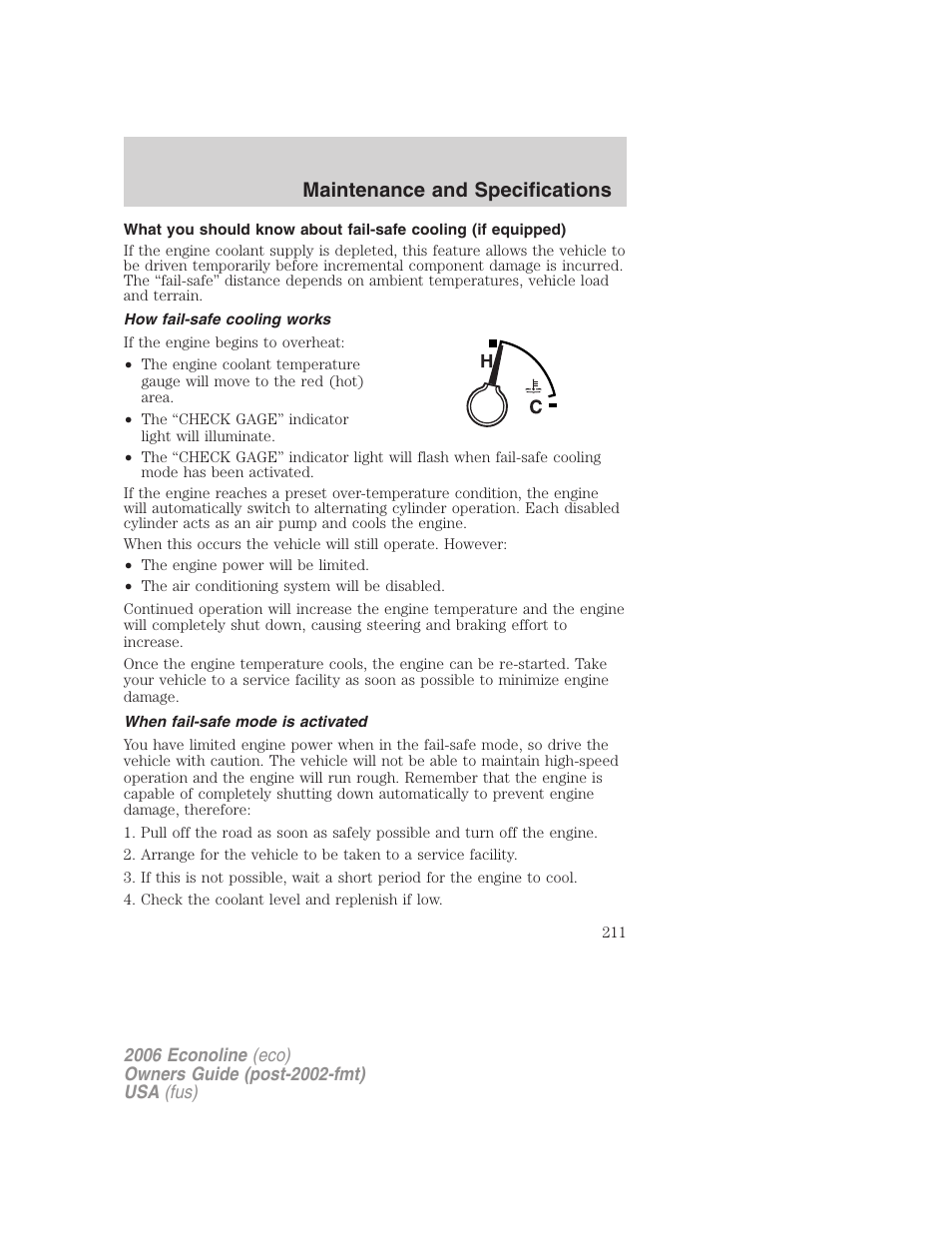 How fail-safe cooling works, When fail-safe mode is activated, Maintenance and specifications | FORD 2006 E-450 v.1 User Manual | Page 211 / 248