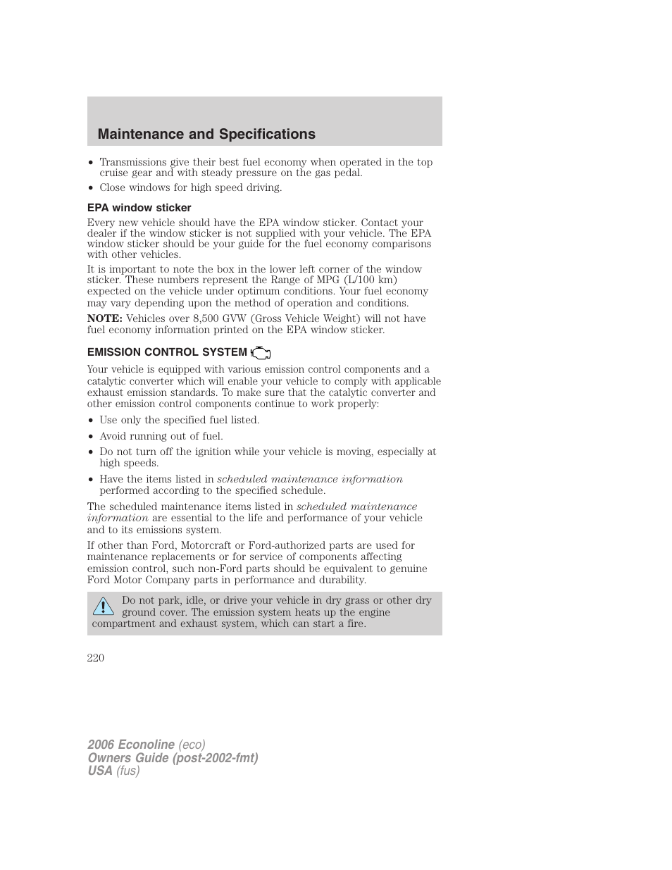 Epa window sticker, Emission control system, Maintenance and specifications | FORD 2006 E-450 v.1 User Manual | Page 220 / 248
