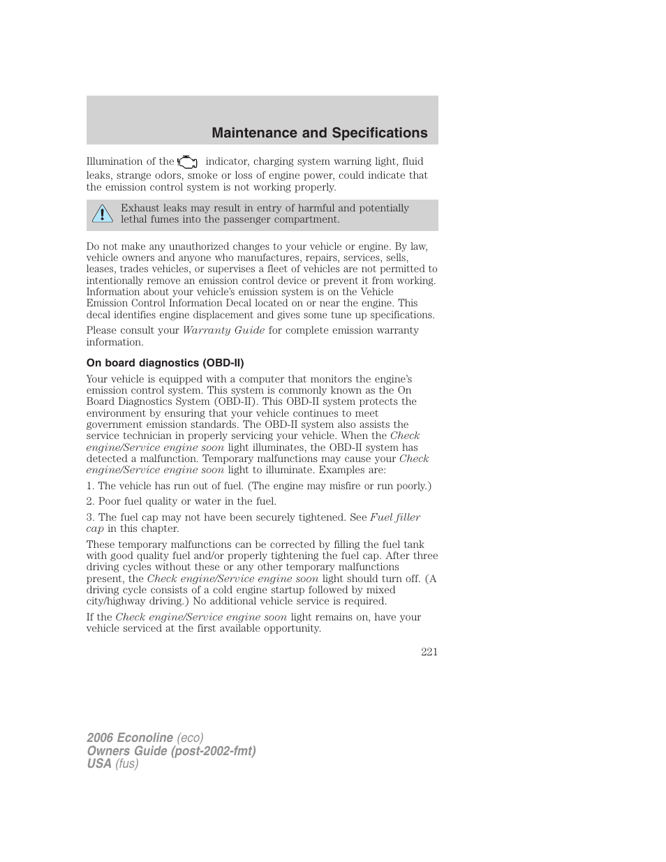 On board diagnostics (obd-ii), Maintenance and specifications | FORD 2006 E-450 v.1 User Manual | Page 221 / 248