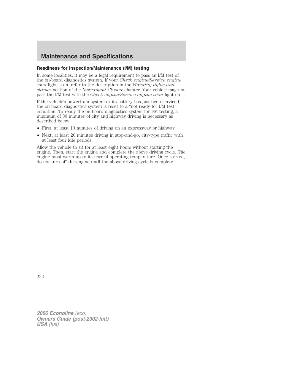 Readiness for inspection/maintenance (i/m) testing, Maintenance and specifications | FORD 2006 E-450 v.1 User Manual | Page 222 / 248