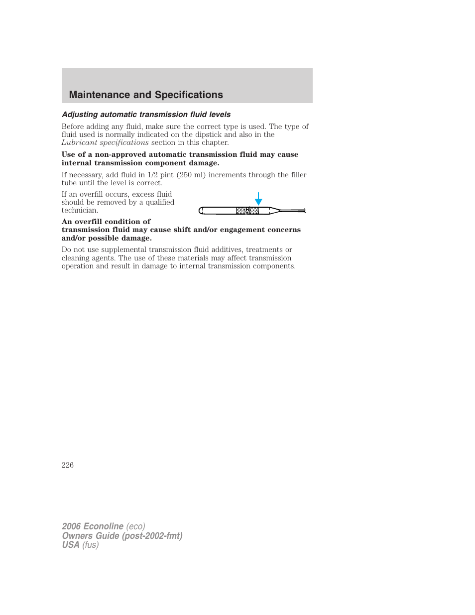 Adjusting automatic transmission fluid levels, Maintenance and specifications | FORD 2006 E-450 v.1 User Manual | Page 226 / 248