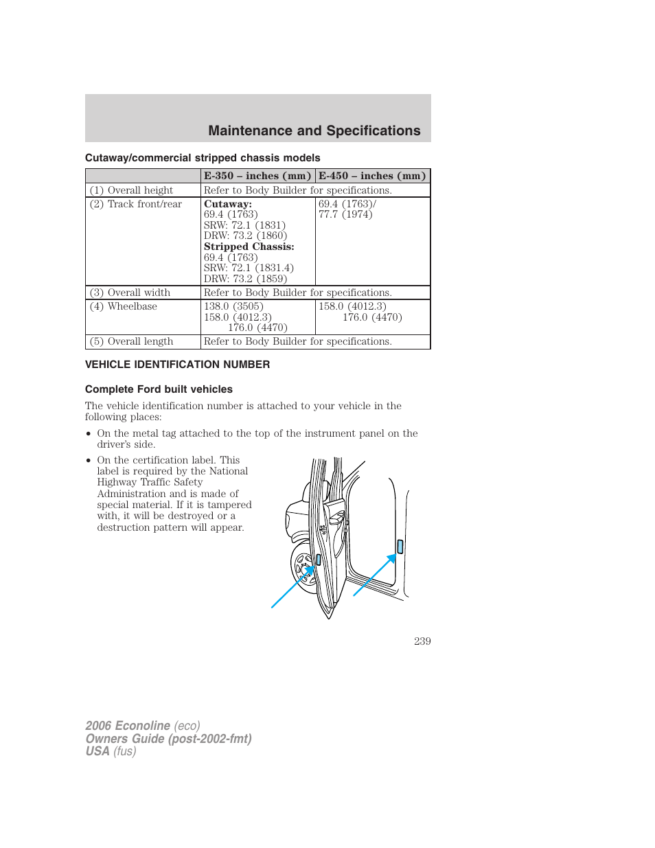 Cutaway/commercial stripped chassis models, Vehicle identification number, Complete ford built vehicles | Maintenance and specifications | FORD 2006 E-450 v.1 User Manual | Page 239 / 248