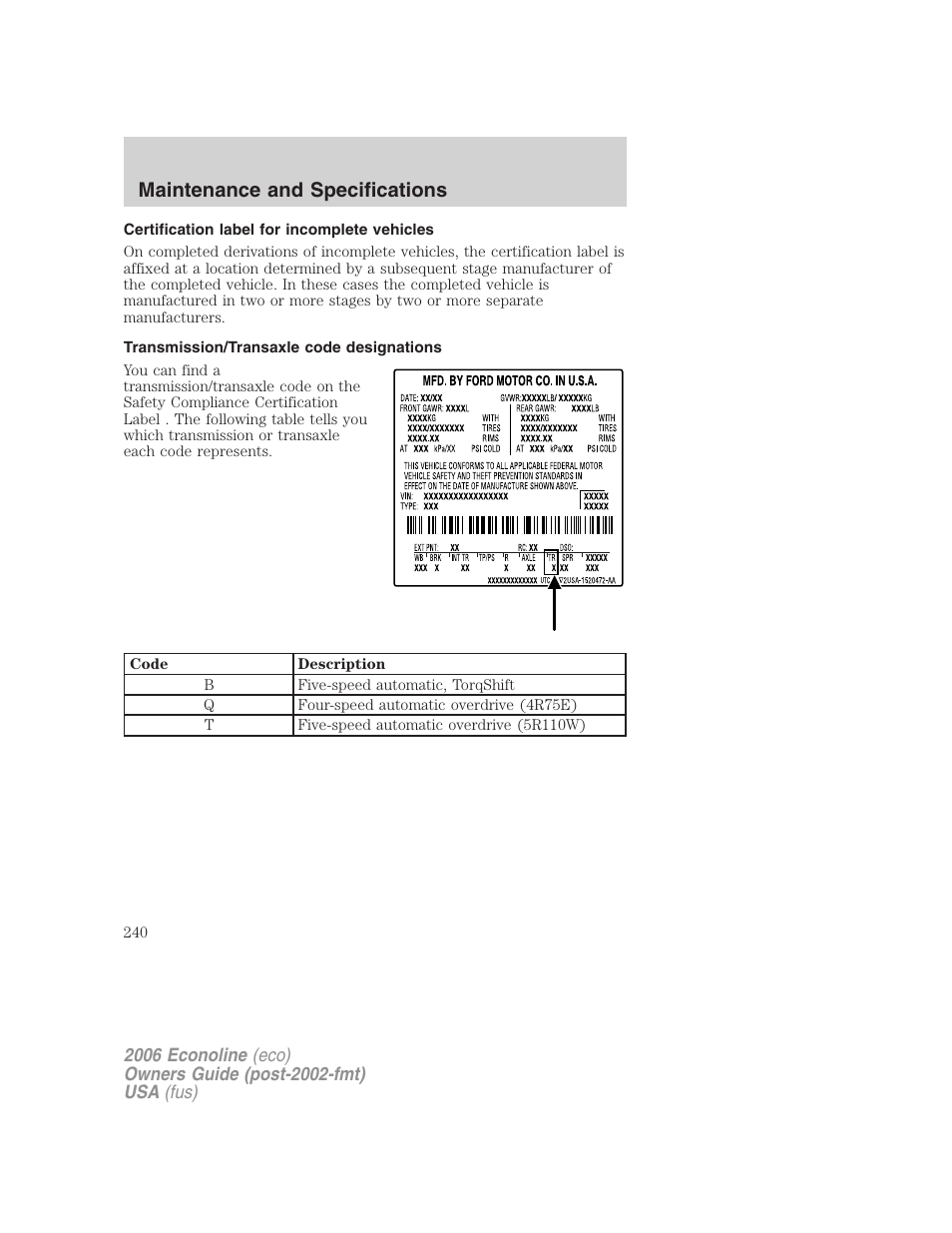 Certification label for incomplete vehicles, Transmission/transaxle code designations, Maintenance and specifications | FORD 2006 E-450 v.1 User Manual | Page 240 / 248