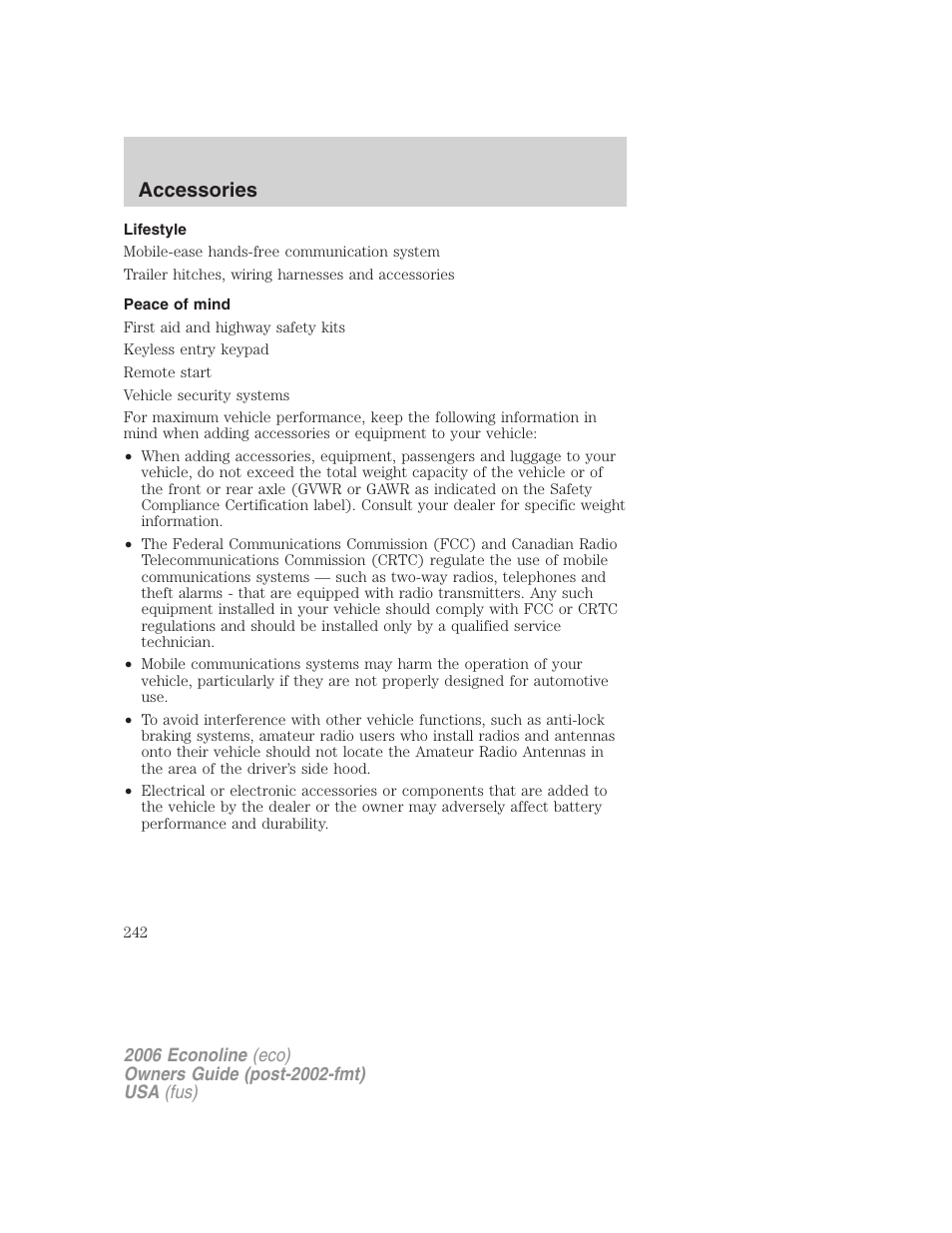 Lifestyle, Peace of mind, Accessories | FORD 2006 E-450 v.1 User Manual | Page 242 / 248