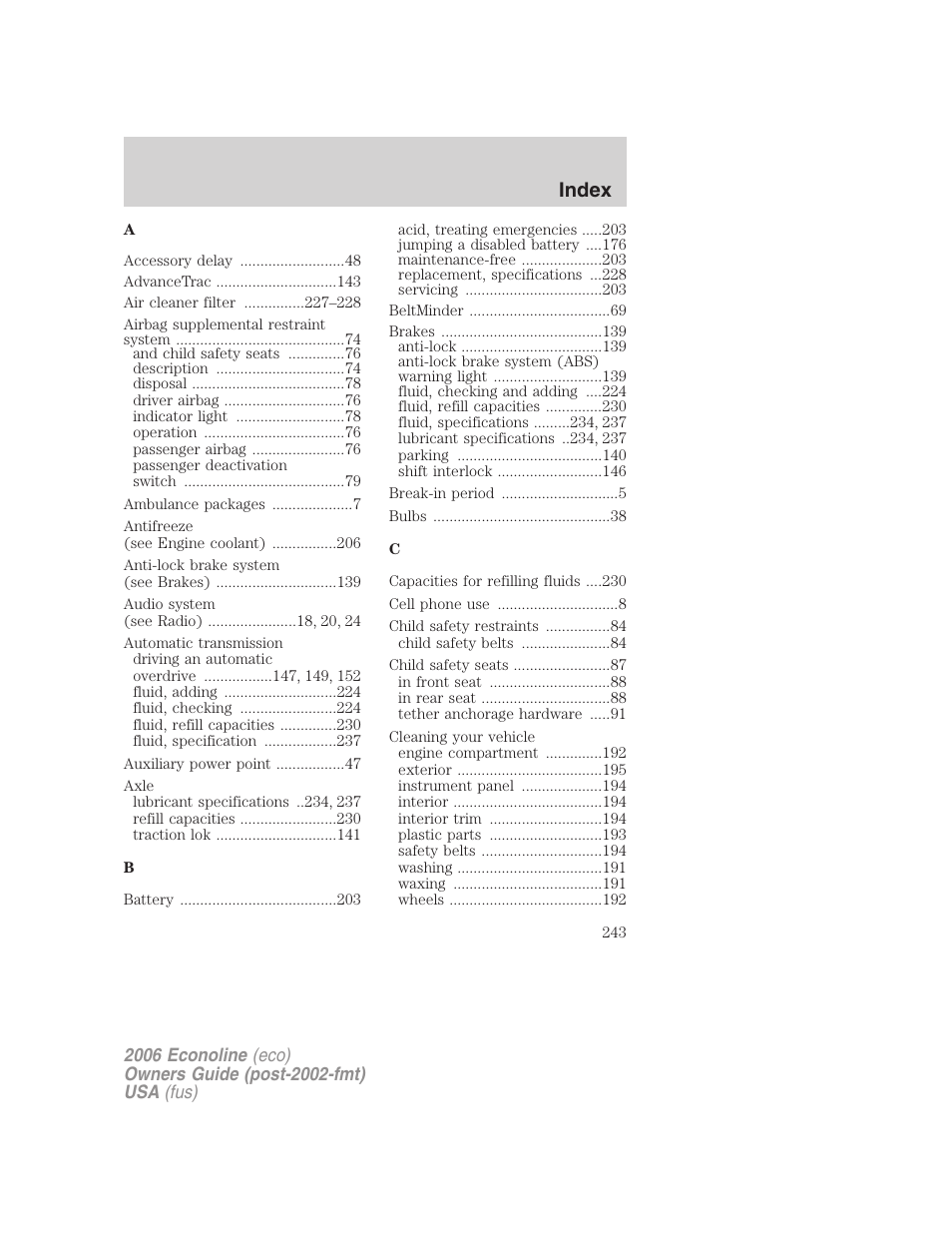 Index | FORD 2006 E-450 v.1 User Manual | Page 243 / 248