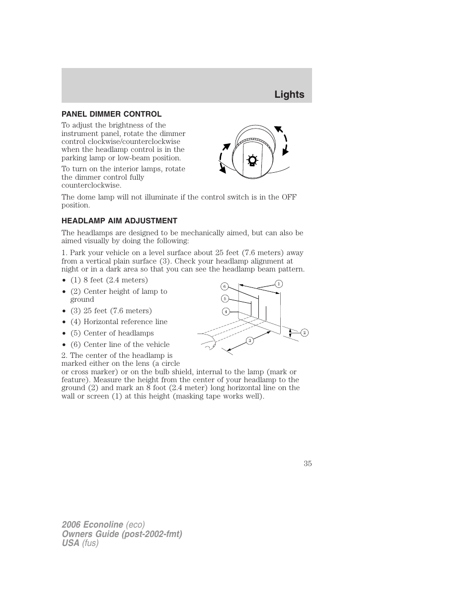 Panel dimmer control, Headlamp aim adjustment, Lights | FORD 2006 E-450 v.1 User Manual | Page 35 / 248