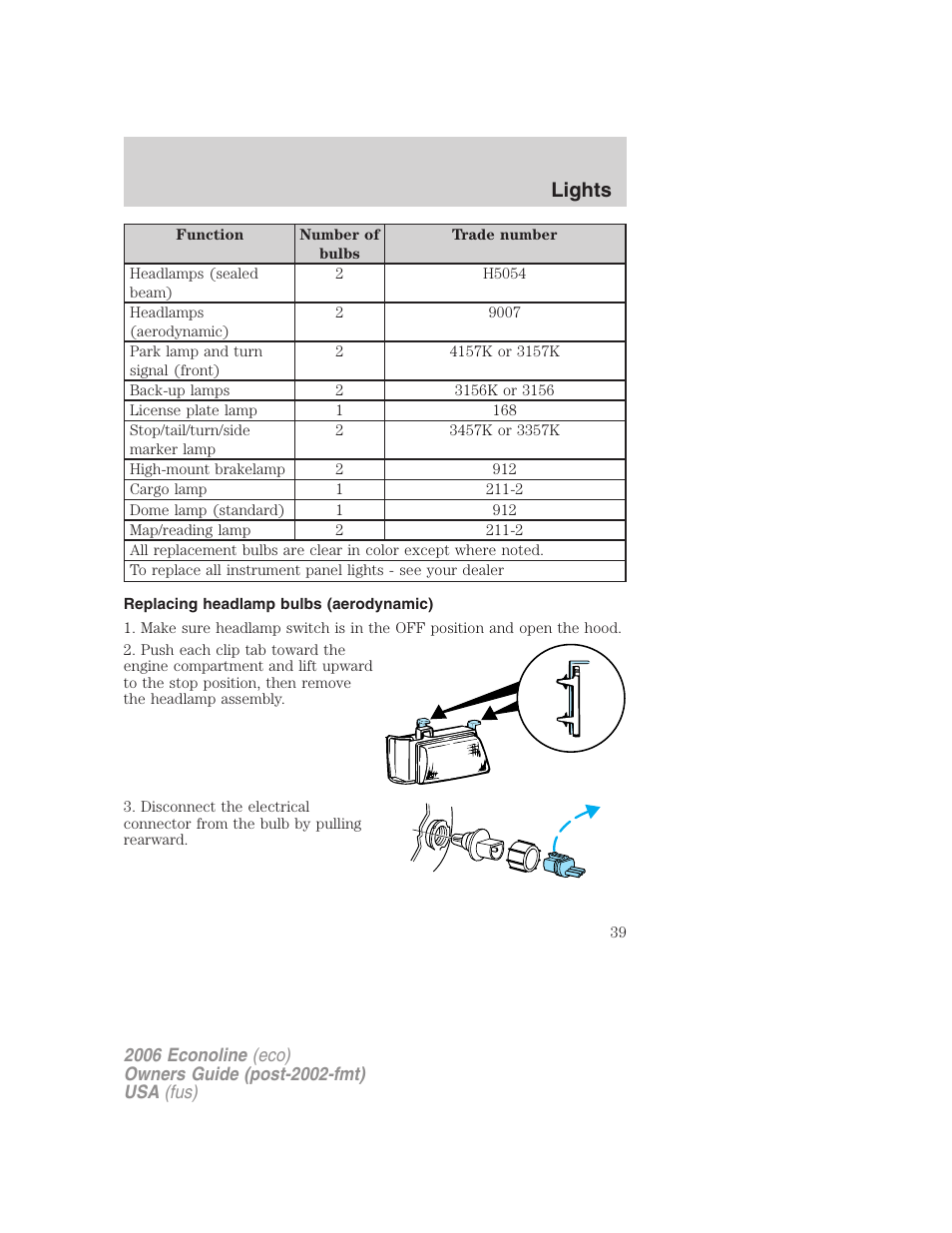 Replacing headlamp bulbs (aerodynamic), Lights | FORD 2006 E-450 v.1 User Manual | Page 39 / 248