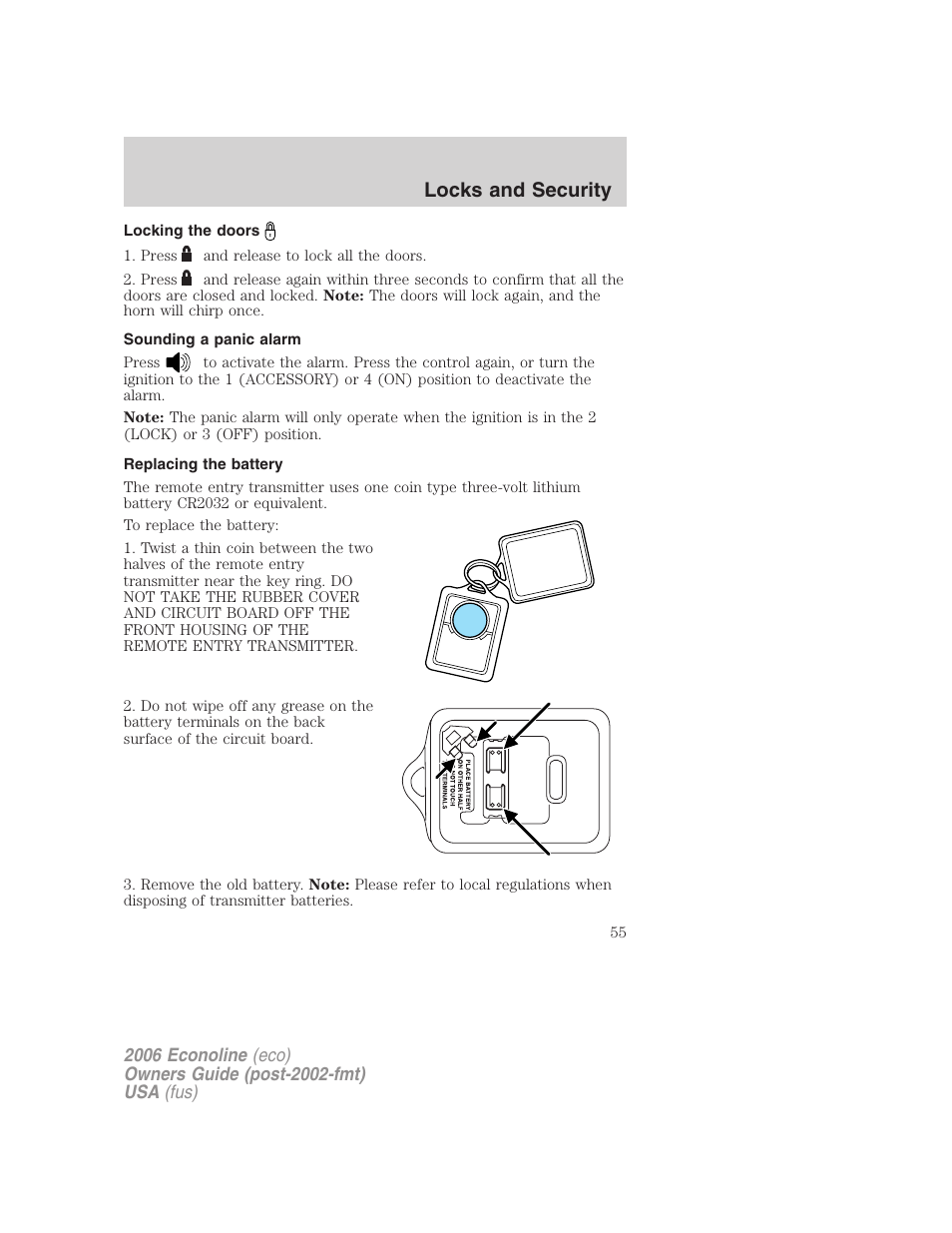 Locking the doors, Sounding a panic alarm, Replacing the battery | Locks and security | FORD 2006 E-450 v.1 User Manual | Page 55 / 248