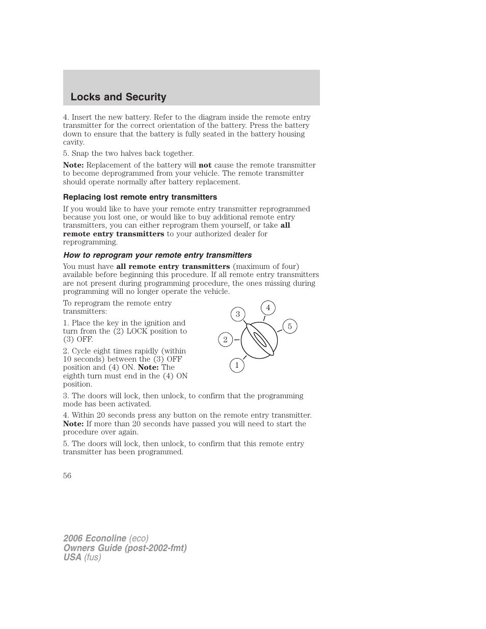 Replacing lost remote entry transmitters, How to reprogram your remote entry transmitters, Locks and security | FORD 2006 E-450 v.1 User Manual | Page 56 / 248