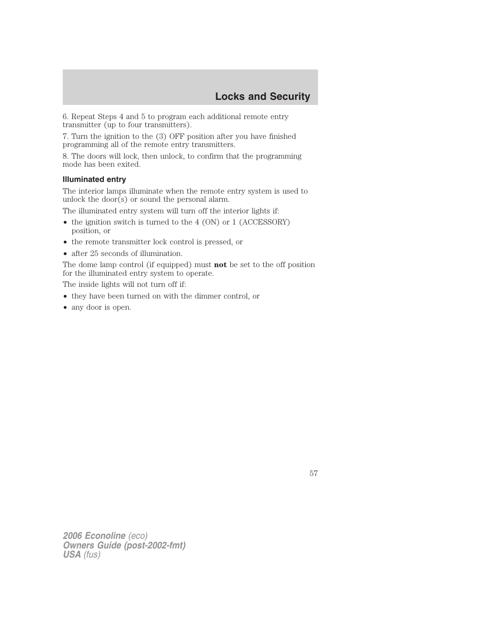 Illuminated entry, Locks and security | FORD 2006 E-450 v.1 User Manual | Page 57 / 248