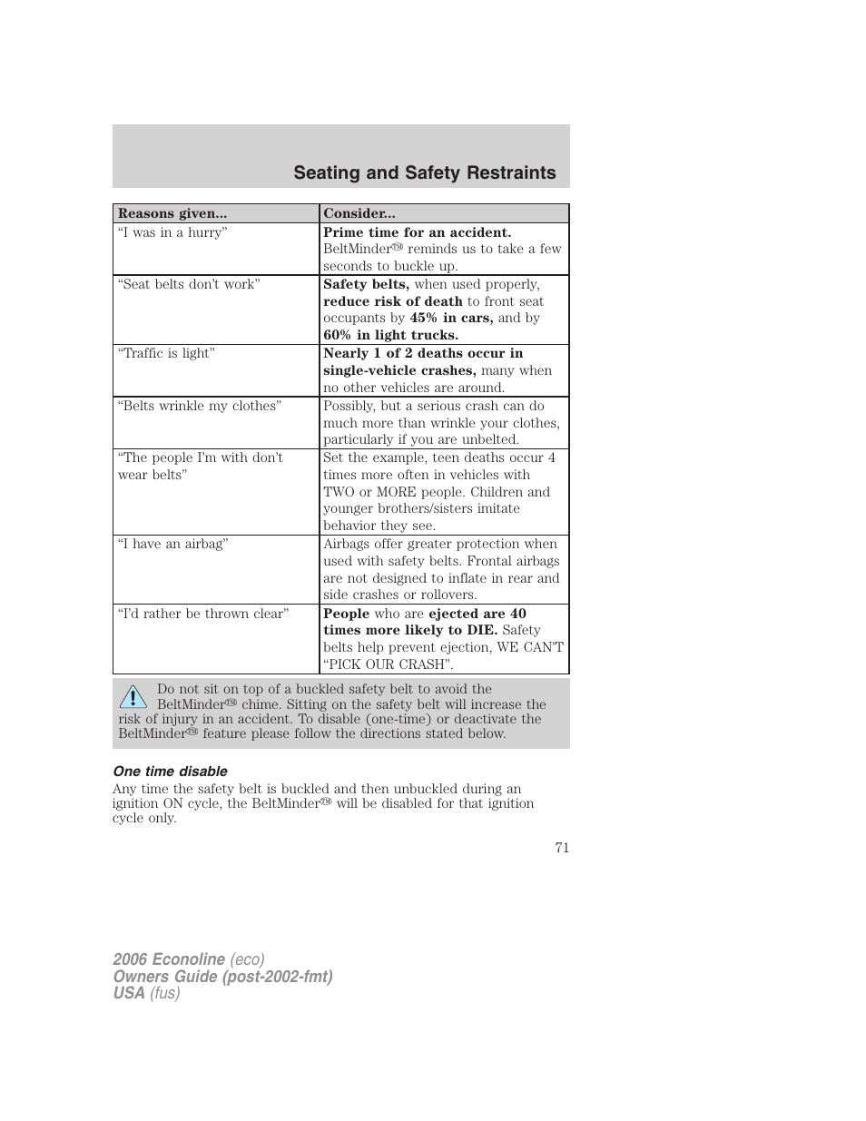 One time disable, Seating and safety restraints | FORD 2006 E-450 v.1 User Manual | Page 71 / 248